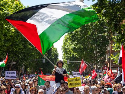 Manifestación convocada por la plataforma Siempre con la Resistencia en apoyo a Palestina y contra la ocupación de Gaza por Israel, este sábado en Madrid.