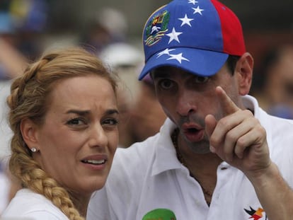 Lilian Tintori and Henrique Capriles at a demonstration in Caracas on Saturday.