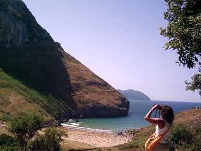 Una joven mira con prismáticos a los buitres de la colonia que vive junto a la playa de Sonabia, en Cantabria.