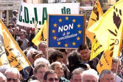 Viticultores franceses se manifiestan contra la Constitución europea, el pasado miércoles en Narbona.