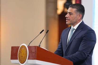 Omar García Harfuch durante la conferencia matutina del día 8 de mayo de 2025, en Ciudad de México.