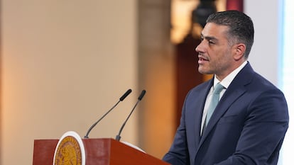 Omar García Harfuch during the morning press conference on May 8, 2025, in Mexico City.