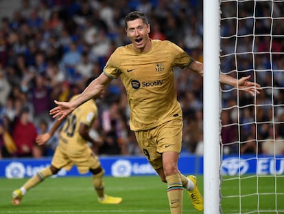 Lewandowski celebra su segundo gol ante la Real Sociedad este domingo en la segunda jornada de Liga.