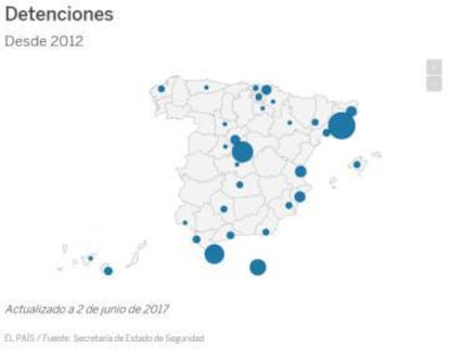 <p><a href="http://politica.elpais.com/politica/2017/06/21/actualidad/1498034558_221900.html">INTERACTIVO | La lucha policial contra el terrorismo yihadista en España. </a></p>