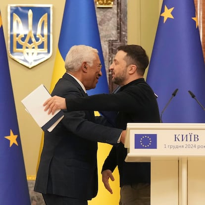 European Council President Antonio Costa hugs Ukraine's President Volodymyr Zelenskyy during a joint press conference, in Kyiv, Ukraine, Sunday, Dec. 1, 2024. (AP Photo/Evgeniy Maloletka)