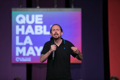 Pablo Iglesias en un acto de Unidas Podemos en el Teatro Buero Vallejo de Alcorcón (Madrid), este sábado.