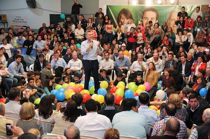 O presidente Mauricio Macri fala durante evento de campanha em Santa Rosa, capital da província de La Pampa.