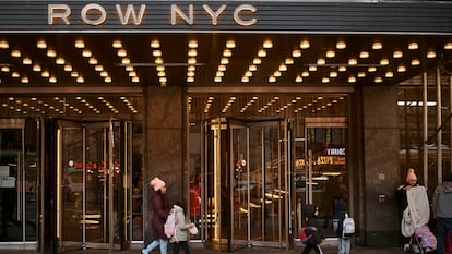 Migrant families outside the Row Hotel in Manhattan.