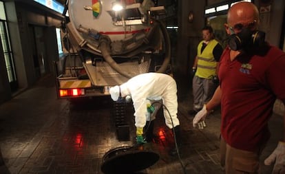 Técnicos lanzando agua en los sumideros de las calles de Tarragona para erradicar la plaga de cucarachas.