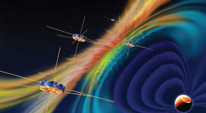 Recreación de cuatro satélites (Magnetospheric Multiscale) investigando efectos en el campo magnético de la tierra.