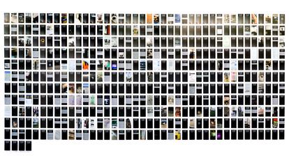 (timetunnel), obra de Parch Es. 
44 capturas de pantalla de iPhone impresas digitalmente en papel, montadas sobre aluminio con cubierta acrílica. 
Juntos cuentan una narrativa no lineal de un período de tiempo, de enero a mayo de 2017.
(Imagen: cortesía del artista)
