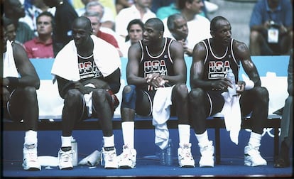 Michael Jordan, Magic Johnson y Clyde Drexler, en 1992.