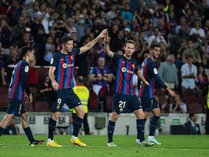 Robert Lewandowski of FC Barcelona celebrating the third goal during the spanish league, La Liga Santander, football match played between FC Barcelona and Villarreal CF at Spotify Camp Nou stadium on October 20, 2022, in Barcelona, Spain.
AFP7 
20/10/2022 ONLY FOR USE IN SPAIN