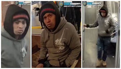 El hombre sospechoso de quemar a una mujer en el metro de Nueva York este domingo en tres imágenes difundidas por la policía.