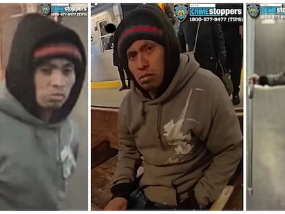 El hombre sospechoso de quemar a una mujer en el metro de Nueva York este domingo en tres imágenes difundidas por la policía.