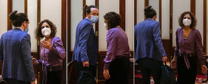DVD1032 (16/12/2020) El vicepresidente Pablo Iglesias y la ministra de Hacienda María Jesús Montero hablan en los pasillos en el congreso de los diputados en Madrid. Foto: Andrea Comas