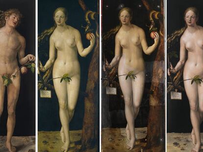 A la izquierda, <i>Adán,</i> antes, durante y después de la restauración. A la derecha, <i>Eva </i>en el mismo proceso.