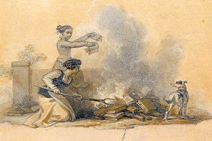 'La quema de los libros' (1800-1818), dibujo de Robert Smirke, en la exposición 'El Quijote: biografía de un libro'.