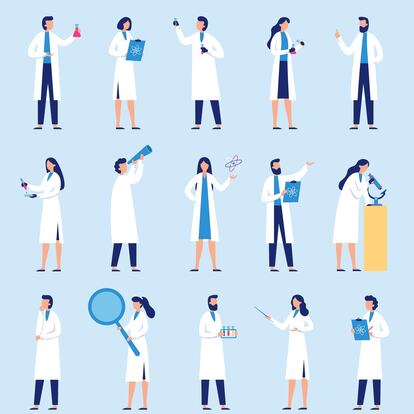 Scientists people. Science lab worker, chemical researchers and scientist professor character. laboratory creative scientist job, medicine workers characters. Isolated flat vector icons set