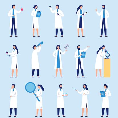 Scientists people. Science lab worker, chemical researchers and scientist professor character. laboratory creative scientist job, medicine workers characters. Isolated flat vector icons set