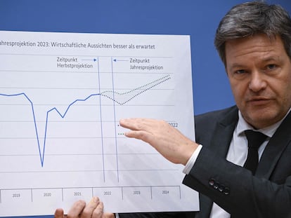 El ministro de Economía y Clima alemán, Robert Habeck, este miércoles durante la presentación en Berlín de las perspectivas económicas para 2023.