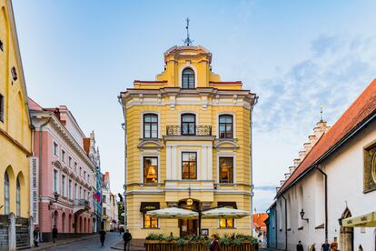 The yellow facade of Café Maiasmokk in Tallinn, one of the oldest cafés in the Estonian capital.