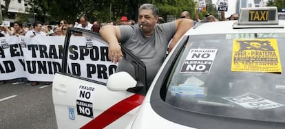 A protest by Madrid taxi drivers against Uber in July.