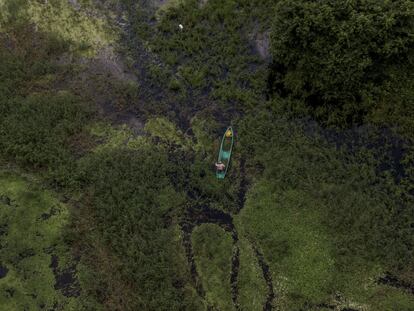 Un hombre busca abordo de su cayuco paso seco para dar de comer a su ganado. 