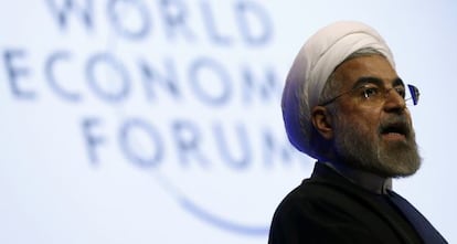 El presidente de iran&iacute; Hasan Rohan&iacute; en su presentaci&oacute;n en Davos.