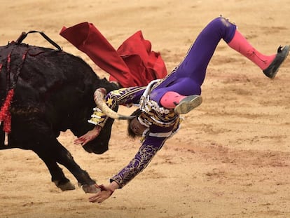 Rom&aacute;n, en la voltereta que le infligi&oacute; su primer toro de la tarde.