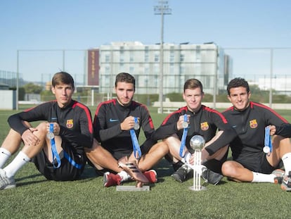 Miranda, Abel Ruiz, Sergio G&oacute;mez y Jaume Morey, ayer en la Ciudad Deportiva del Bar&ccedil;a. 