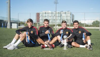 Miranda, Abel Ruiz, Sergio G&oacute;mez y Jaume Morey, ayer en la Ciudad Deportiva del Bar&ccedil;a. 