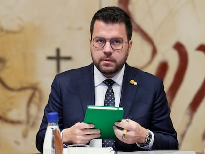 El presidente de la Generalitat, Pere Aragonès, durante la reunión semanal del Govern, celebrada este martes.