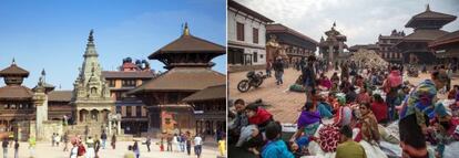 Vista del templo Trailokya Mohan en Katmandú, antes y después del terremoto.