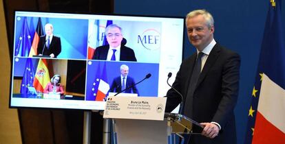 El ministro francés de Economía y Finanzas, Bruno Le Maire, en videoconferencia con el vicecanciller alemán y ministro de Finanzas, Olaf Scholz, el ministro italiano de Economía y Finanzas, Daniele Franco y la vicepresidenta segunda y ministra de Asuntos Económicos y Transformación Digital, Nadia Calviño.
 