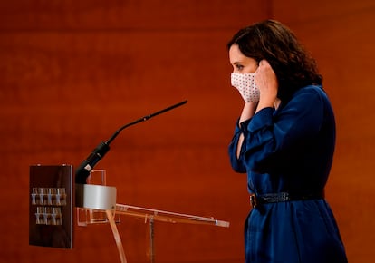 La presidenta Díaz Ayuso, durante la comparecencia de este jueves.