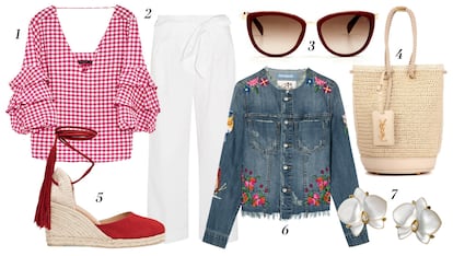 1. Zara Blusa con volantes 2. J. Crew Pantalones blancos con lazada 3. Tous Gafas de sol 4. Yves Saint Laurent Bolso de asa corta 5. Castañer Alpargatas con cuña 6. Desigual Cazadora baquera bordada 7. Cartier Pendientes con forma de flor.