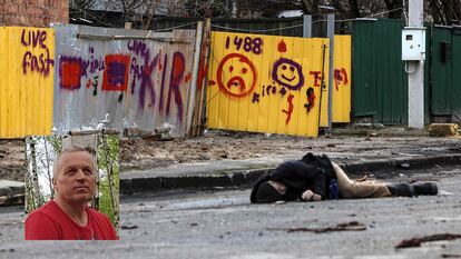 Se llamaba Mykhailo Kovalenko. En la imagen, tomada el pasado 2 de abril, su cuerpo yace en la calle Yablonska —la vía principal de Bucha, convertida hoy en un símbolo del horror de la guerra de Ucrania y del ataque indiscriminado a civiles—. Cuando Kovalenko, de 62 años, llegó a esta calle, "salió del vehículo con las manos en alto" para presentarse en un puesto de control atendido por soldados rusos, pero fue asesinado a tiros por los propios militares. Lo cuenta Artem, el novio de la hija de Kovalenko. La hija y la esposa del fallecido explicaron que las tropas abrieron fuego pese a ver claramente que era un civil. Ellas huyeron y sobrevivieron al ataque. 
