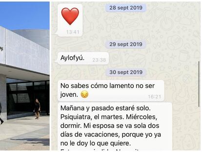 A la izquierda, la Universidad Rey Juan Carlos. A la derecha, uno de los mensajes de WhatsApp del profesor a las alumnas.
