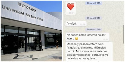 A la izquierda, la Universidad Rey Juan Carlos. A la derecha, uno de los mensajes de WhatsApp del profesor a las alumnas.