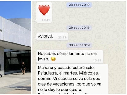 A la izquierda, la entrada de una de las Facultades de la Universidad Rey Juan Carlos. A la derecha, uno de los mensajes de WhatsApp del profesor a una alumna.