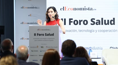 La presidenta de la Comunidad de Madrid, Isabel Díaz Ayuso, interviene en el II Gran Foro de Salud de elEconomista, en el Espacio de Eventos de elEconomista, a 8 de julio de 2025, en Madrid (España).