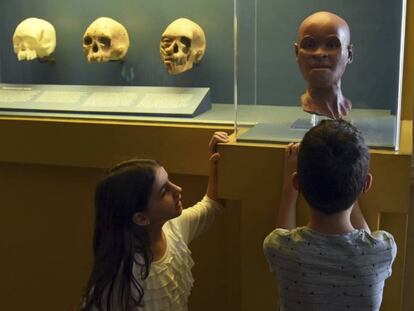 Crianças observam reconstrução do rosto de Luzia no Museu Nacional.