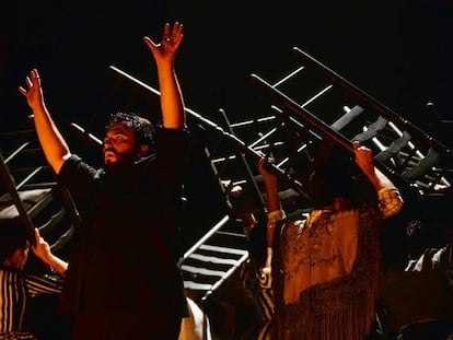 El Ballet Flamenco de Andaluc&iacute;a, durante el espect&aacute;culo &#039;Aquel Silverio&#039;, ayer martes en el Festival del Cante de las Minas en La Uni&oacute;n.