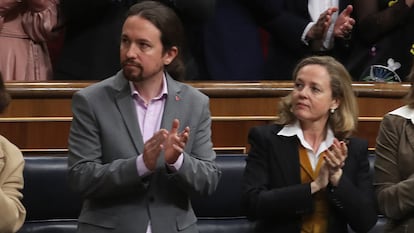 Unidas Podemos leader Pablo Iglesias and Finance Minister Nadia Calviño in Congress in February.