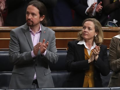 Los vicepresidentes Pablo Iglesias y Nadia Calviño, en la apertura de la legislatura, el pasado febrero.