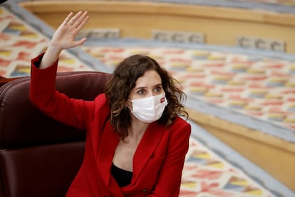 La presidenta de la Comunidad de Madrid, Isabel Díaz Ayuso, en la Asamblea regional.