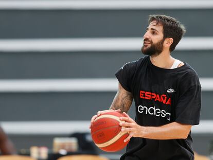 Ricky Rubio durante un entrenamiento de la selección española de baloncesto.