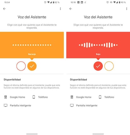 Selección de voz en el asistente de Google.