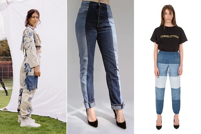 PATCHWORK

De izda. a dcha., pantalones confeccionados con vaquero reciclado de Nathalie Ballout (c.p.v.), ELV Denim (337€ aprox.) y Ksenia Schnaider (516€ aprox.).